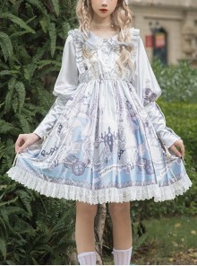 Cute Lace Doll Collar Lamb Leg Sleeves Lace-Up Design Reflective Satin Print Classic Lolita Long Sleeve Dress