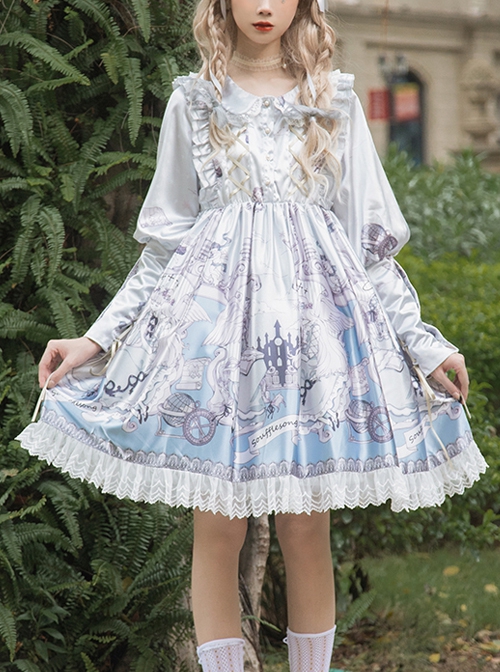 Cute Lace Doll Collar Lamb Leg Sleeves Lace-Up Design Reflective Satin Print Classic Lolita Long Sleeve Dress