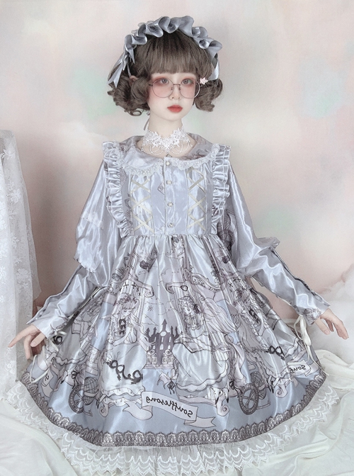 Cute Lace Doll Collar Lamb Leg Sleeves Lace-Up Design Reflective Satin Print Classic Lolita Long Sleeve Dress