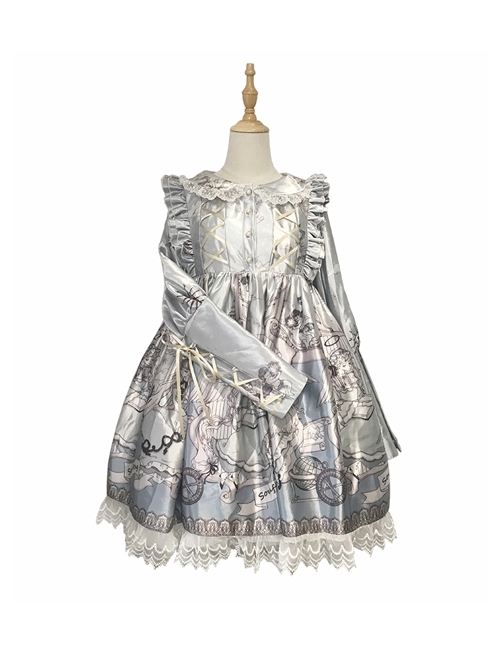 Cute Lace Doll Collar Lamb Leg Sleeves Lace-Up Design Reflective Satin Print Classic Lolita Long Sleeve Dress