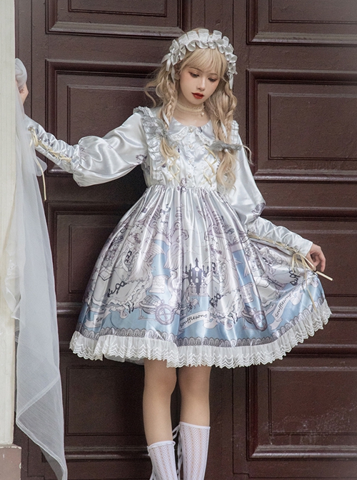 Cute Lace Doll Collar Lamb Leg Sleeves Lace-Up Design Reflective Satin Print Classic Lolita Long Sleeve Dress