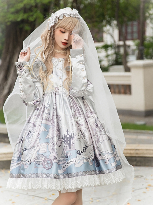 Cute Lace Doll Collar Lamb Leg Sleeves Lace-Up Design Reflective Satin Print Classic Lolita Long Sleeve Dress