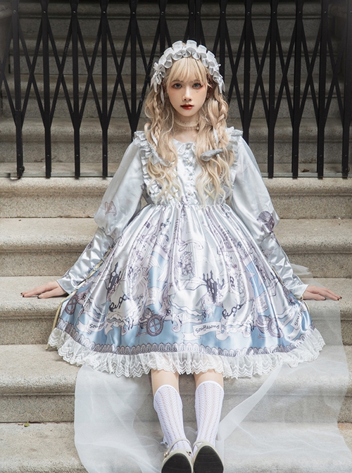 Cute Lace Doll Collar Lamb Leg Sleeves Lace-Up Design Reflective Satin Print Classic Lolita Long Sleeve Dress