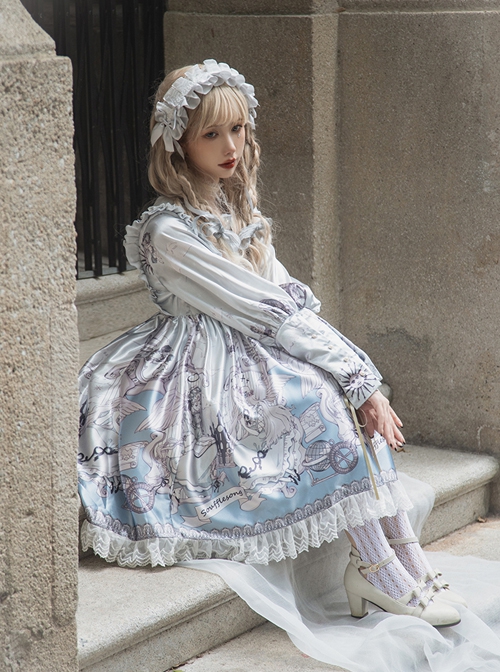 Cute Lace Doll Collar Lamb Leg Sleeves Lace-Up Design Reflective Satin Print Classic Lolita Long Sleeve Dress