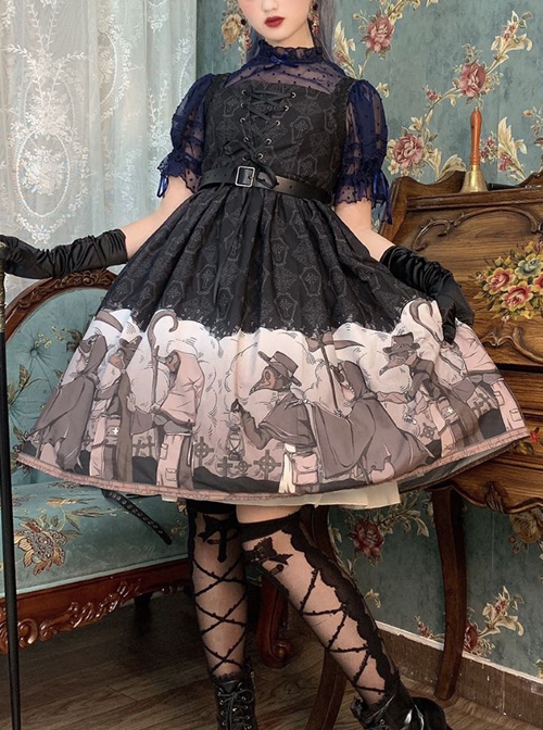 Delorme Gray Crow Series Gothic Style Black Print Simple Halloween Gothic Lolita Sleeveless Dress