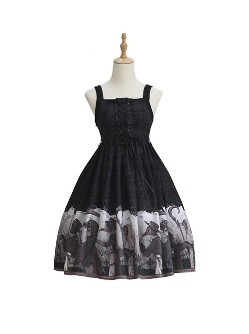 Delorme Gray Crow Series Gothic Style Black Print Simple Halloween Gothic Lolita Sleeveless Dress