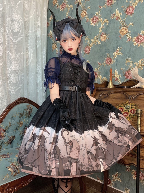 Delorme Gray Crow Series Gothic Style Black Print Simple Halloween Gothic Lolita Sleeveless Dress