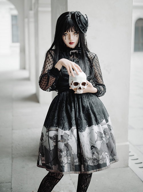 Delorme Gray Crow Series Gothic Style Black Print Simple Halloween Gothic Lolita Sleeveless Dress