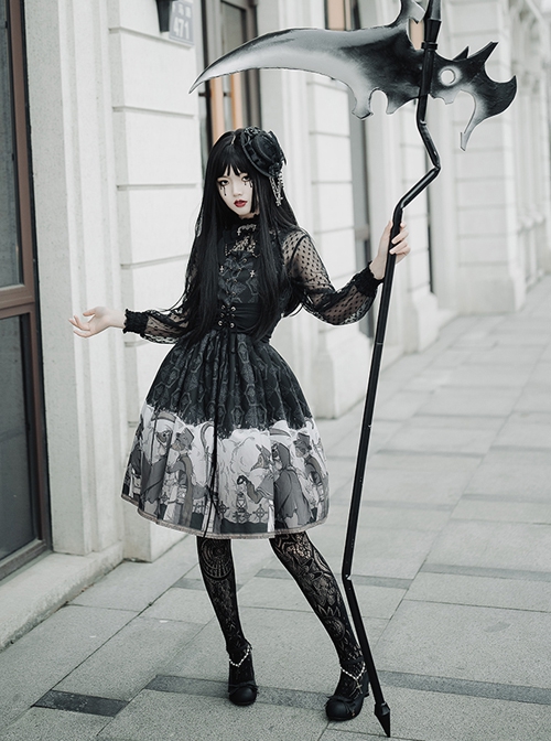 Delorme Gray Crow Series Gothic Style Black Print Simple Halloween Gothic Lolita Sleeveless Dress