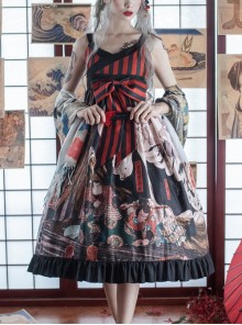 Japanese Style Black-Red Stripe Cross-Neck Printed Bowknot Decoration Classic Lolita Sleeveless Dress