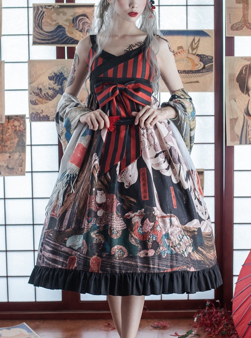 Japanese Style Black-Red Stripe Cross-Neck Printed Bowknot Decoration Classic Lolita Sleeveless Dress