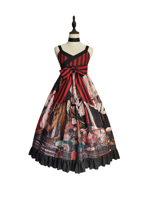 Japanese Style Black-Red Stripe Cross-Neck Printed Bowknot Decoration Classic Lolita Sleeveless Dress