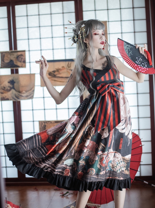 Japanese Style Black-Red Stripe Cross-Neck Printed Bowknot Decoration Classic Lolita Sleeveless Dress