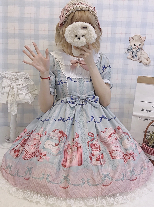 Gift Box Series Cute Doll Collar Gift Box Printed Bowknot Decoration Sweet Lolita Short Sleeve Dress