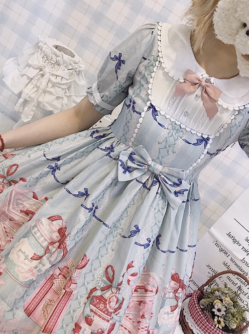 Gift Box Series Cute Doll Collar Gift Box Printed Bowknot Decoration Sweet Lolita Short Sleeve Dress