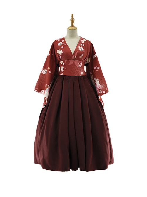 Japanese Style Pure Color Sexy Deep V Print Wide Sleeved Classic Lolita Long-Sleeved Dress