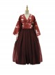 Japanese Style Pure Color Sexy Deep V Print Wide Sleeved Classic Lolita Long-Sleeved Dress