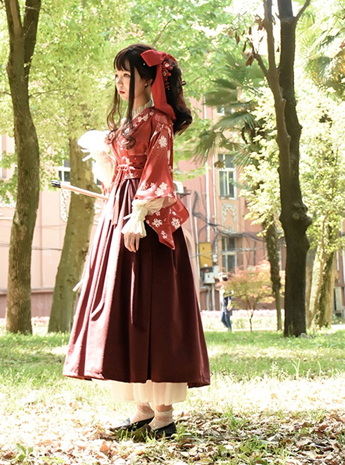 Japanese Style Pure Color Sexy Deep V Print Wide Sleeved Classic Lolita Long-Sleeved Dress