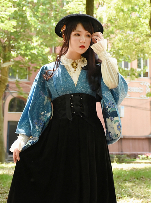 Japanese Style Pure Color Sexy Deep V Print Wide Sleeved Classic Lolita Long-Sleeved Dress