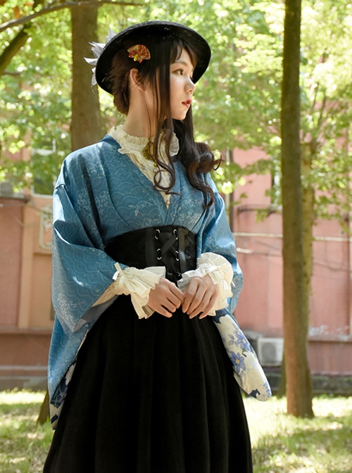 Japanese Style Pure Color Sexy Deep V Print Wide Sleeved Classic Lolita Long-Sleeved Dress