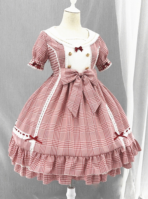 Not Stripes Series Summer Cute Plaid Print Ruffle Hem Sweet Lolita Short Sleeve Dress