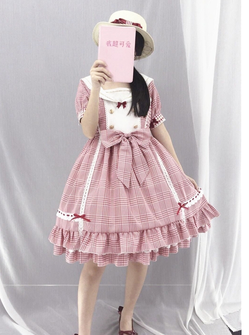 Not Stripes Series Summer Cute Plaid Print Ruffle Hem Sweet Lolita Short Sleeve Dress