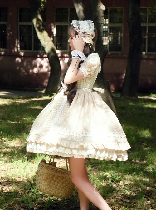 Not Stripes Series Summer Cute Plaid Print Ruffle Hem Sweet Lolita Short Sleeve Dress