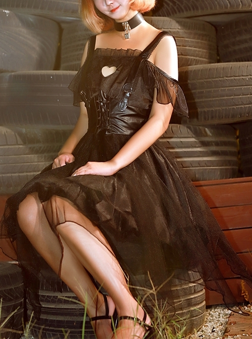Ember Series Black Sexy Chest Love Hollow Lace-Up Slim Fit Irregular Hem Gothic Lolita Sleeveless Dress