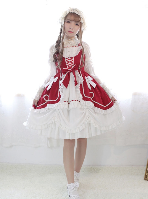 Pure Color Classic Lolita Lace Bowknot Decorate Irregular Ruffle Hem Sleeveless Dress