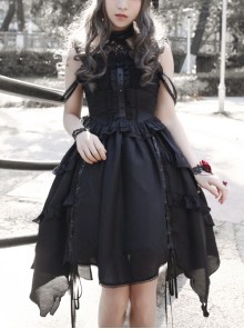 Undead Waltz Series Halter Neck Slim Fit Irregular Drawstring Hem Black Simple Sexy Punk Lolita Sleeveless Dress