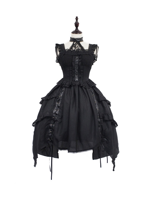 Undead Waltz Series Halter Neck Slim Fit Irregular Drawstring Hem Black Simple Sexy Punk Lolita Sleeveless Dress