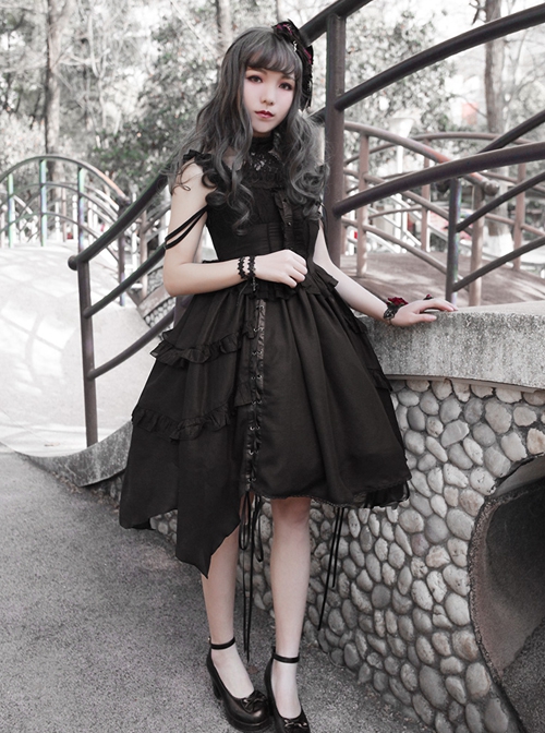 Undead Waltz Series Halter Neck Slim Fit Irregular Drawstring Hem Black Simple Sexy Punk Lolita Sleeveless Dress