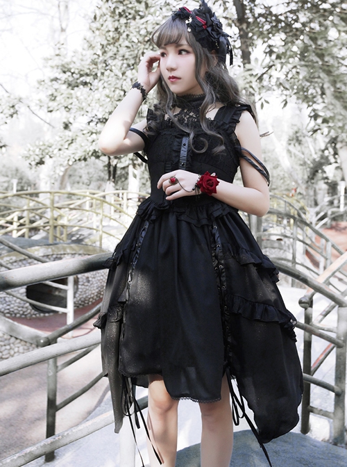 Undead Waltz Series Halter Neck Slim Fit Irregular Drawstring Hem Black Simple Sexy Punk Lolita Sleeveless Dress