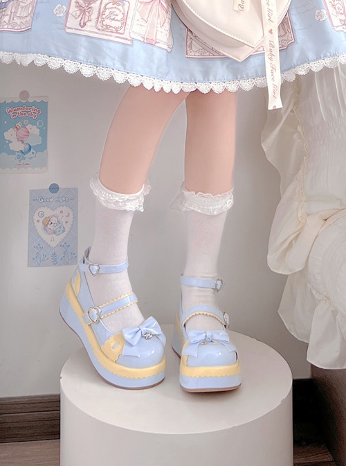 Pure Color Cute Round Head Girl JK Sweet Lolita PU Color Matching Bowknot Decoration Shoes