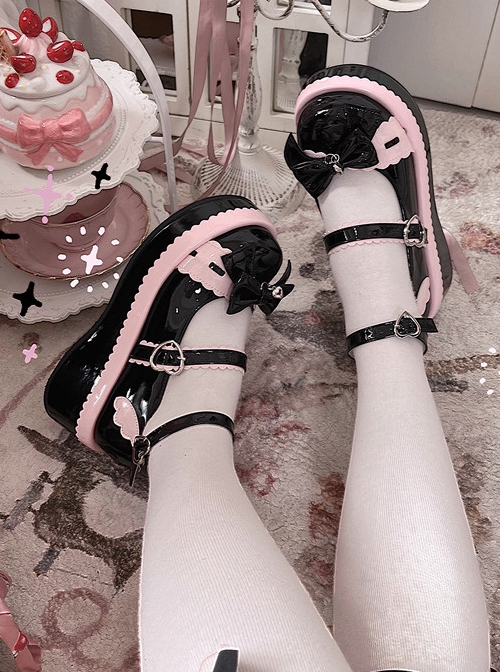 Pure Color Cute Round Head Girl JK Sweet Lolita PU Color Matching Bowknot Decoration Shoes