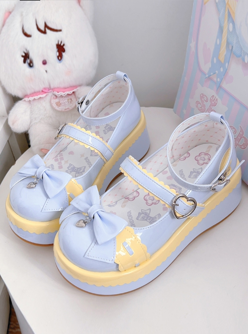 Pure Color Cute Round Head Girl JK Sweet Lolita PU Color Matching Bowknot Decoration Shoes