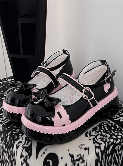 Pure Color Cute Round Head Girl JK Sweet Lolita PU Color Matching Bowknot Decoration Shoes