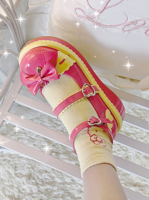 Pure Color Cute Round Head Girl JK Sweet Lolita PU Color Matching Bowknot Decoration Shoes