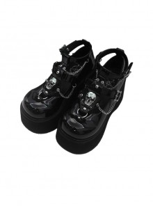 Undead Shackles Series Black PU Patent Leather Skull Metal Chain Decoration Hollow Design Punk Lolita Shoes
