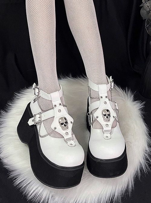 Undead Shackles Series Skull Metal Chain Decoration Hollow Design Round Head PU Matte Punk Lolita Shoes