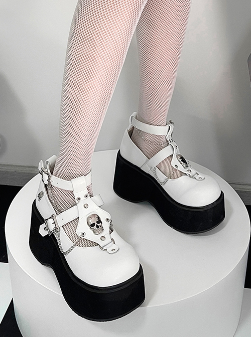 Undead Shackles Series Skull Metal Chain Decoration Hollow Design Round Head PU Matte Punk Lolita Shoes