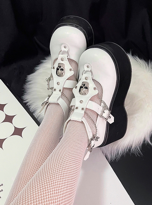 Undead Shackles Series Skull Metal Chain Decoration Hollow Design Round Head PU Matte Punk Lolita Shoes