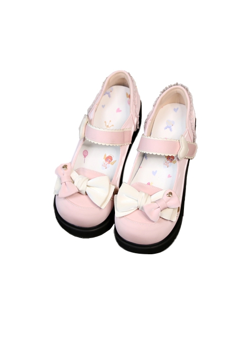 Cute Pure Color Round Head Bowknot Color Matching Heart Decoration Sweet Lolita Shoes