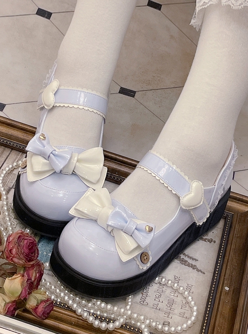 Cute Pure Color Round Head Bowknot Color Matching Heart Decoration Sweet Lolita Shoes