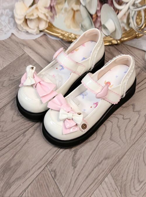 Cute Pure Color Round Head Bowknot Color Matching Heart Decoration Sweet Lolita Shoes