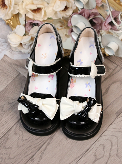 Cute Pure Color Round Head Bowknot Color Matching Heart Decoration Sweet Lolita Shoes