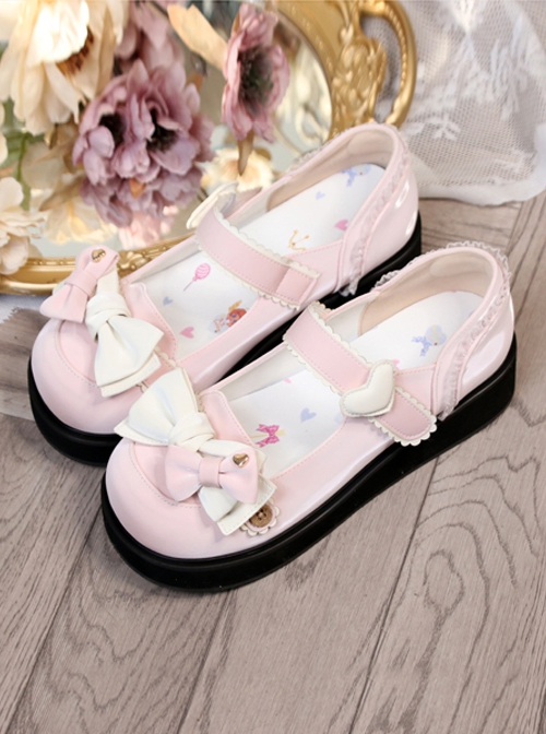 Cute Pure Color Round Head Bowknot Color Matching Heart Decoration Sweet Lolita Shoes