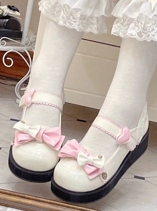 Cute Pure Color Round Head Bowknot Color Matching Heart Decoration Sweet Lolita Shoes