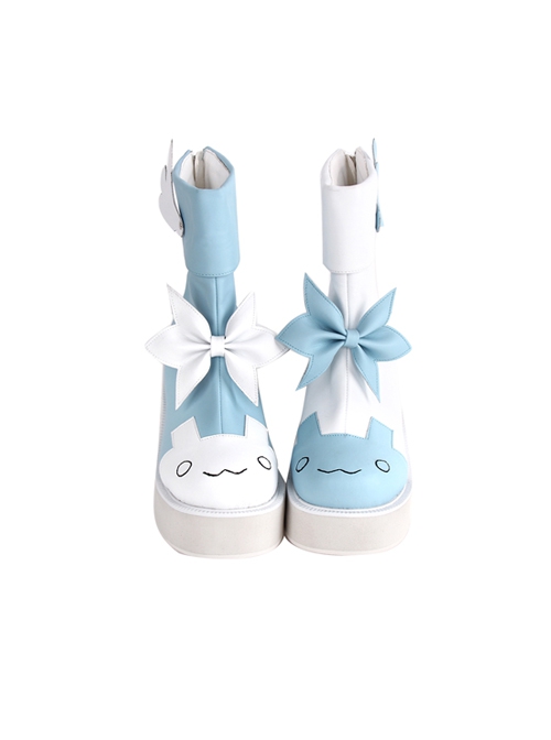 Blue White Color Contrast Simple Cute Expression Round Head Design Bowknot Wings Decoration Classic Lolita Shoes