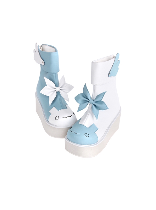 Blue White Color Contrast Simple Cute Expression Round Head Design Bowknot Wings Decoration Classic Lolita Shoes